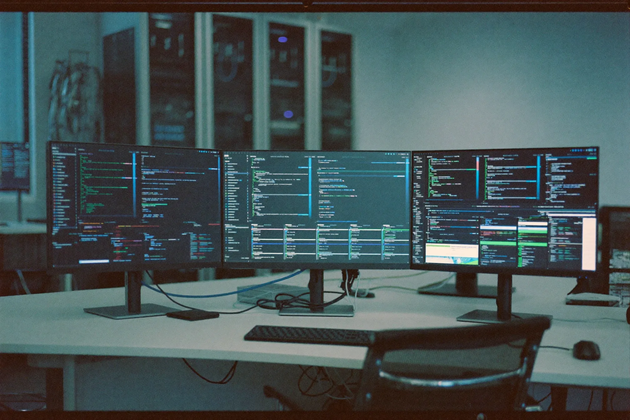 A tidy IT managed-services workspace with several monitors showing clean network and systems dashboards in soft blue light, server racks blurred behind